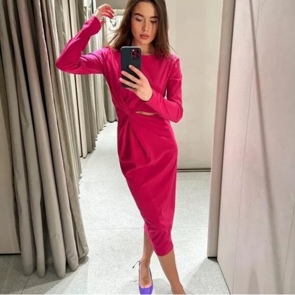 New Zara pink midi dress with with side cutout size small - Picture 1 of 8